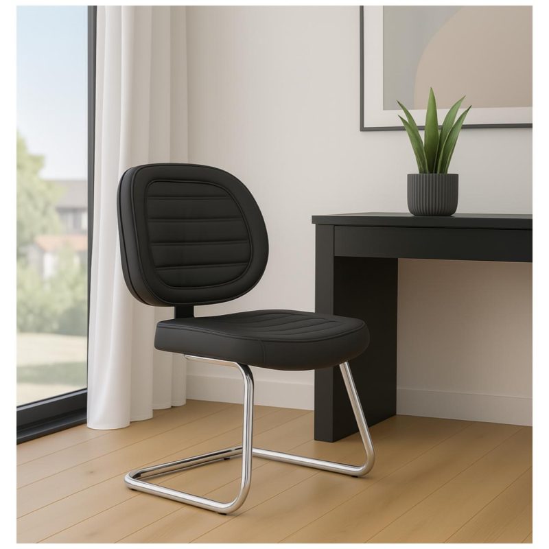Cadeira Executiva COSTURADA Base em “S” Cromada – Corino Preto 31016 CADEIRAS RENOVA 9