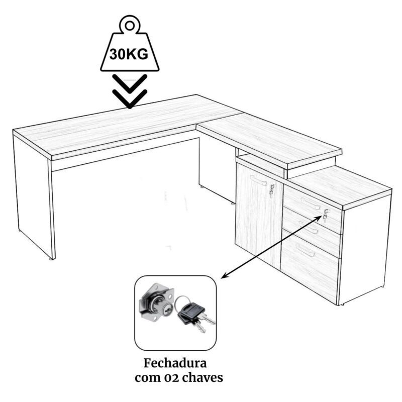 Mesa Escritório em “L” – 1,50×1,50m (Extensível) – com Armário Misto (03 Gav.) NOGAL/SEVILHA – 20603 CADEIRAS RENOVA 3