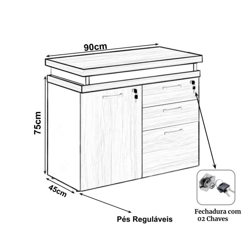 Mesa Escritório em “L” – 1,50×1,50m (Extensível) – com Armário Misto (03 Gav.) NOGAL/SEVILHA – 20603 CADEIRAS RENOVA 4