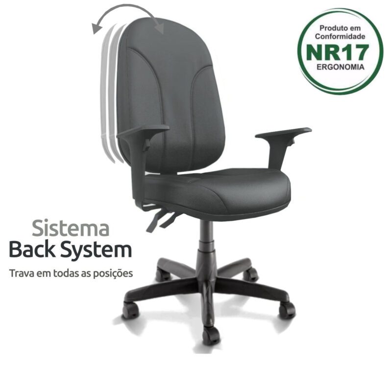 Cadeira Presidente PLUS BACK SYSTEM Baixa Costurada c/ Braços Reguláveis – Corino Preto 32974 CADEIRAS RENOVA 3