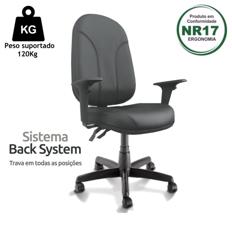 Cadeira Presidente PLUS BACK SYSTEM Baixa Costurada c/ Braços Reguláveis – Corino Preto 32974 CADEIRAS RENOVA 4