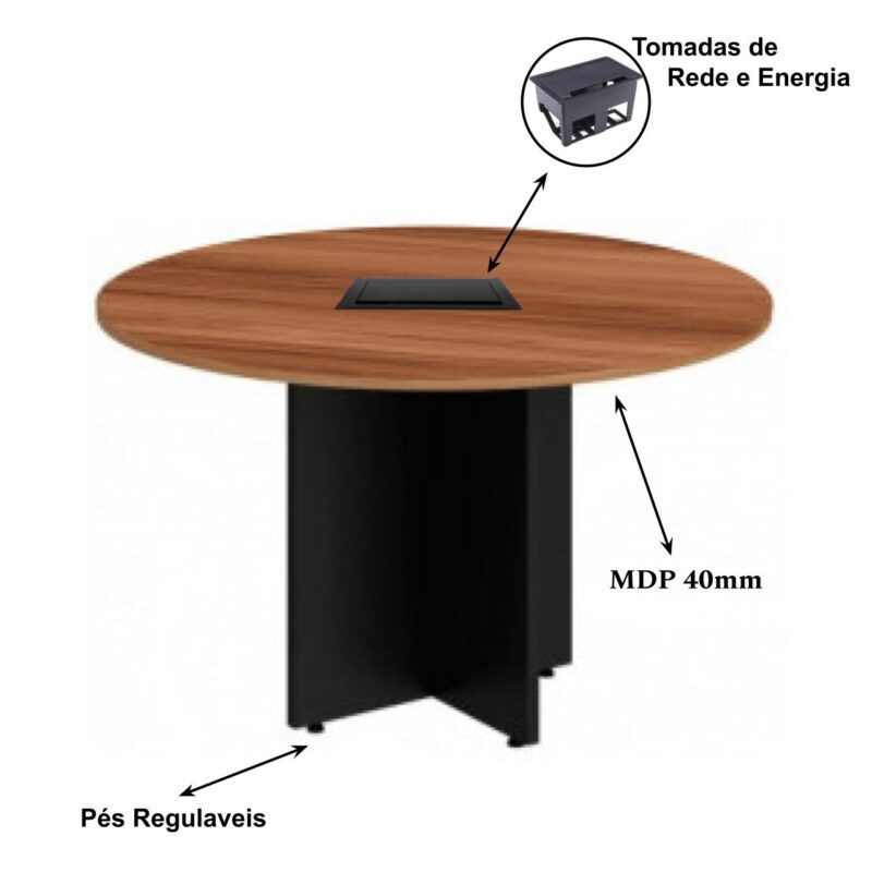 Mesa de Reunião Redonda c/ Caixa de Tomadas -1,10×1,10×0,74m – NOGAL SEVILHA / PRETO – 21418 CADEIRAS RENOVA 3