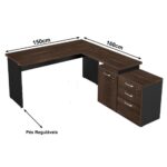 Mesa Escritório em “L” – 1,50×1,50m (Extensível) – com Armário Misto (03 Gav.) MARSALA/PRETO – 23482 CADEIRAS RENOVA 9