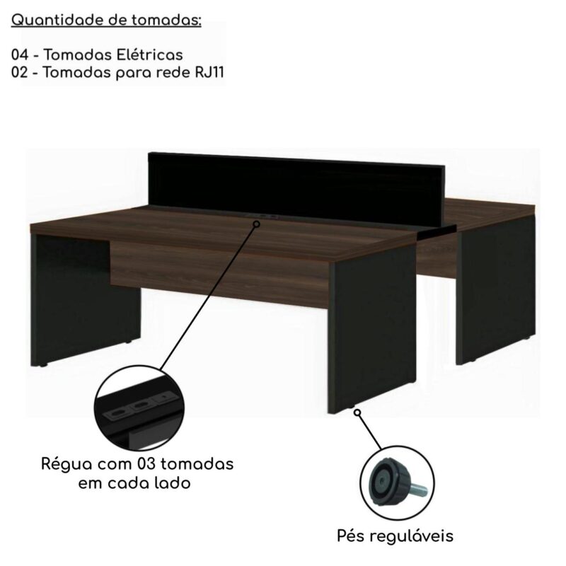 Estação de Trabalho Dupla 1,20×1,35m 02 Lugares S/ Gavetas c/ ponto de tomada MARSALA/PRETO – 63089 CADEIRAS RENOVA 5