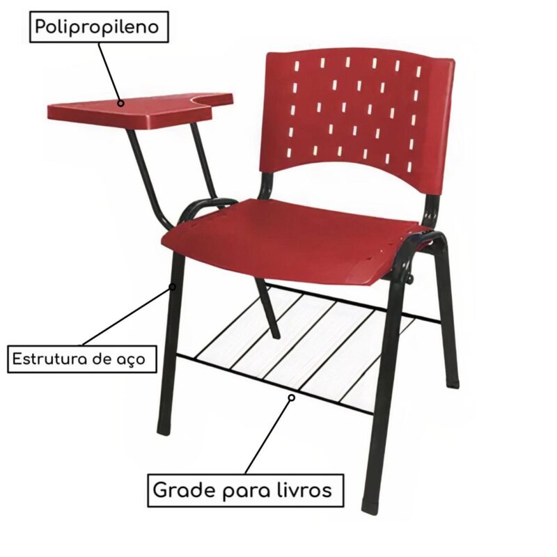 Cadeira Universitária PRANCHETA PLÁSTICA com Porta Livros – Cor Vermelho 32020 CADEIRAS RENOVA 3