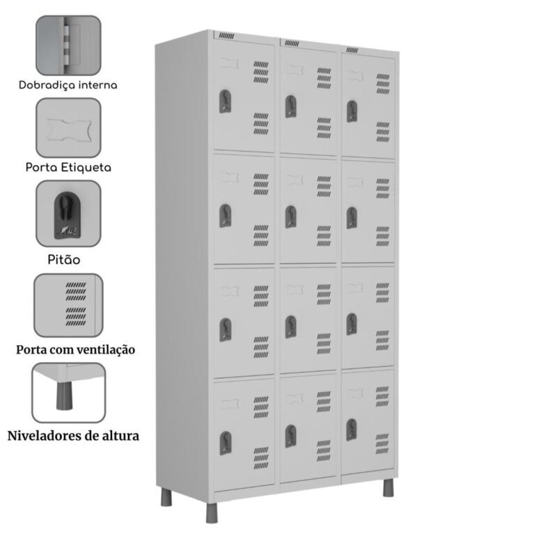 Roupeiro LOCKER de Aço c/ 12 Portas PEQUENAS – 1,90×0,96×0,40m – CZ/CZ – W3 – 11018 CADEIRAS RENOVA 3