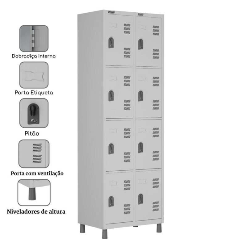 Roupeiro LOCKER de Aço c/ 08 Portas PEQUENAS – 1,90×0,64×0,40m – CZ/CZ – W3 – 11017 CADEIRAS RENOVA 4