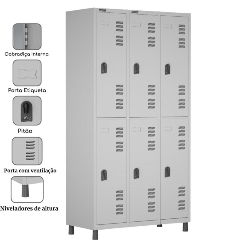 Roupeiro LOCKER de Aço c/ 06 PORTAS GRANDES – 1,90×0,96×0,40m – CZ/CZ – W3 – 11014 CADEIRAS RENOVA 3