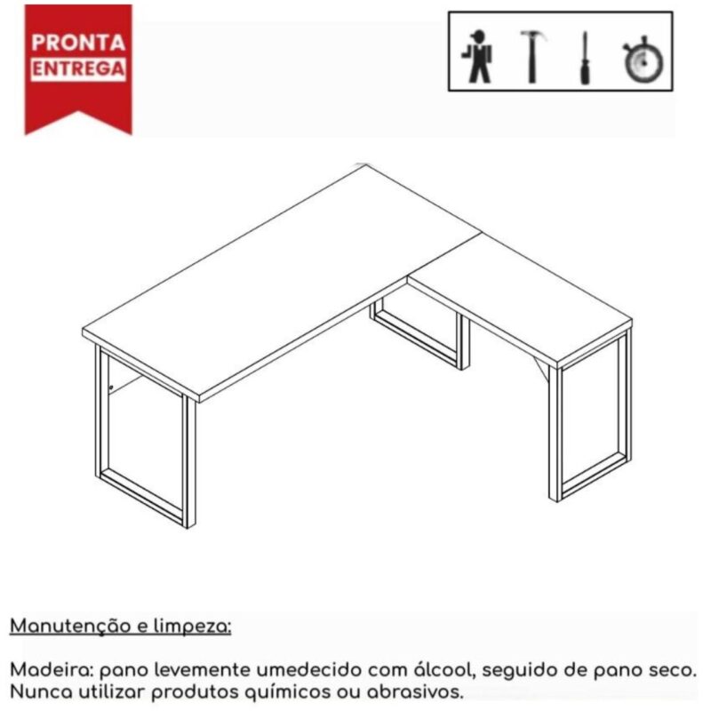 Mesa em L PÉ QUADRO (Mesa 1,70m + Mesa Auxiliar) – S/ Gavetas NOGAL SEVILHA/PRETO – 24478 CADEIRAS RENOVA 3