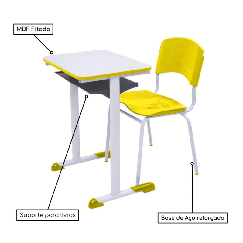 Kit Escolar Individual AMARELO – (Mesa e Cadeira) – ADULTO – MADEIRA – COR AMARELO – 40098 CADEIRAS RENOVA 4