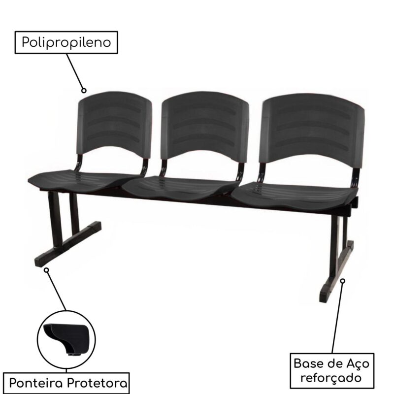 Kit 05 Cadeiras Longarinas PLÁSTICA 03 Lugares – Cor PRETO 33034 CADEIRAS RENOVA 4