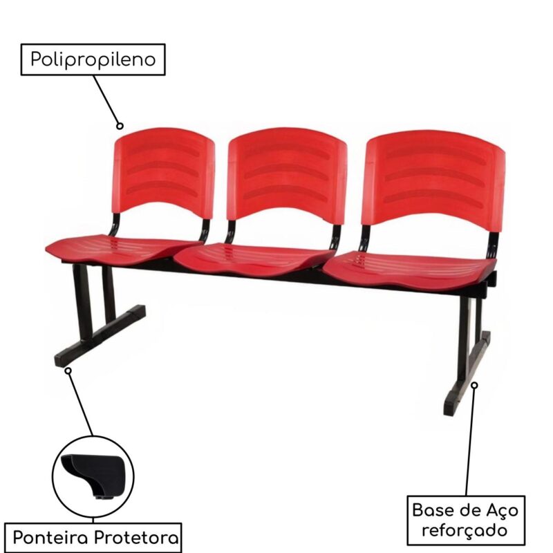 Kit 05 Cadeiras Longarinas PLÁSTICAS 03 Lugares – Cor Vermelho 33043 CADEIRAS RENOVA 4