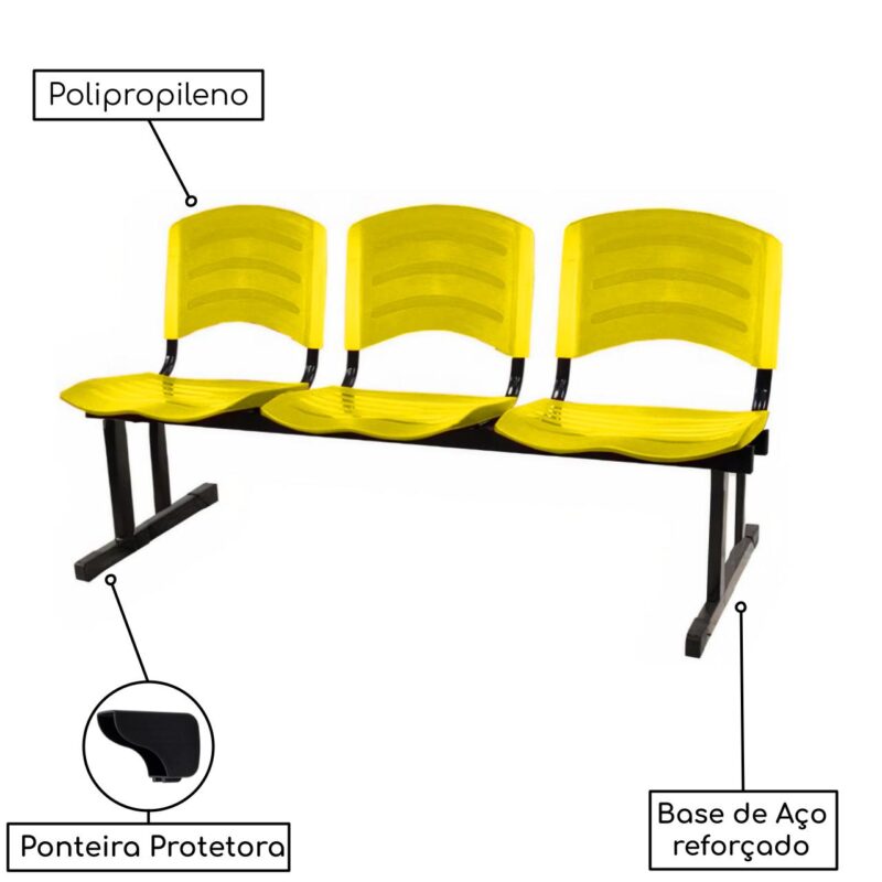 Kit 05 Cadeiras Longarinas PLÁSTICAS 03 Lugares – Cor Amarelo 33080 CADEIRAS RENOVA 4