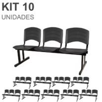 Kit 10 Cadeiras Longarinas PLÁSTICA 03 Lugares – Cor PRETO 33039 CADEIRAS RENOVA