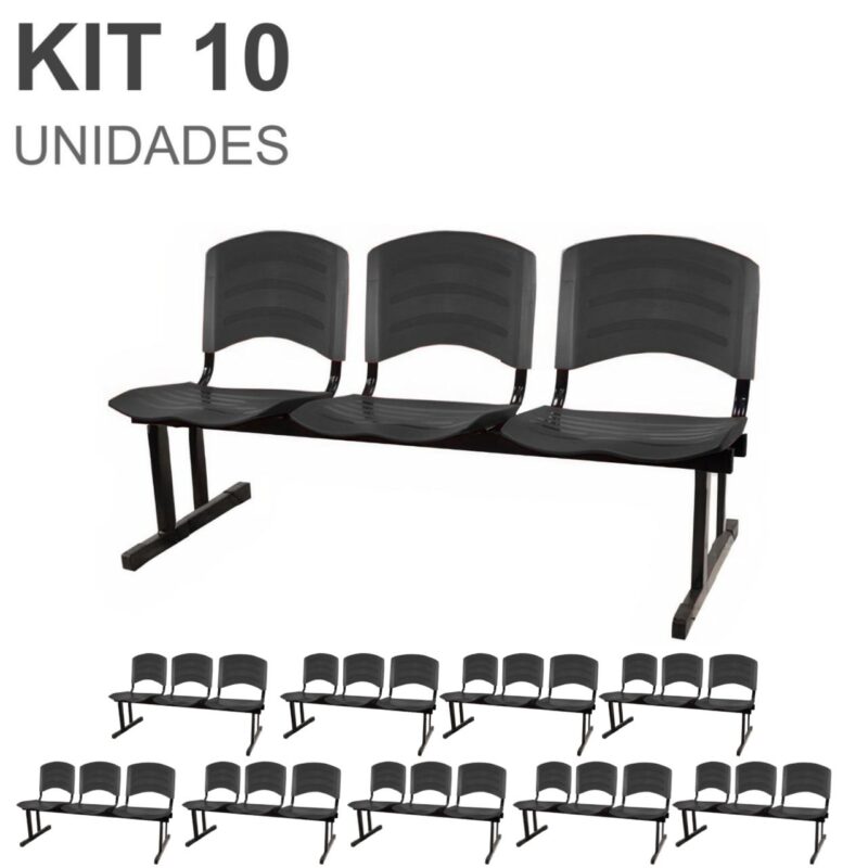 Kit 10 Cadeiras Longarinas PLÁSTICA 03 Lugares – Cor PRETO 33039 CADEIRAS RENOVA 2