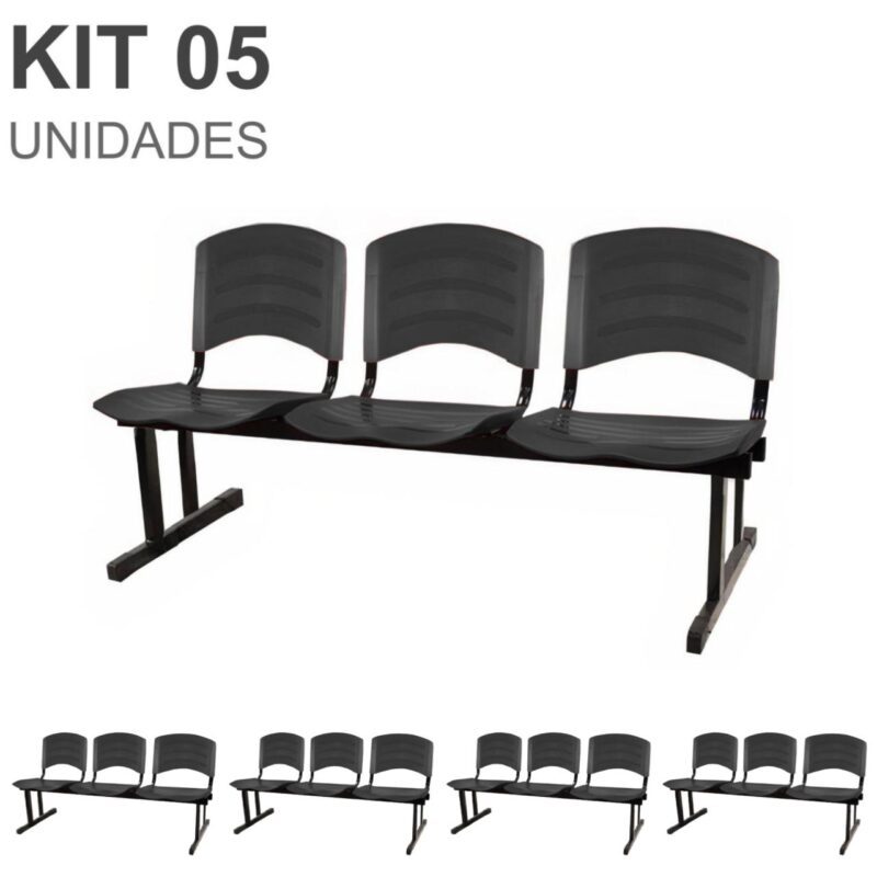 Kit 05 Cadeiras Longarinas PLÁSTICA 03 Lugares – Cor PRETO 33034 CADEIRAS RENOVA 2