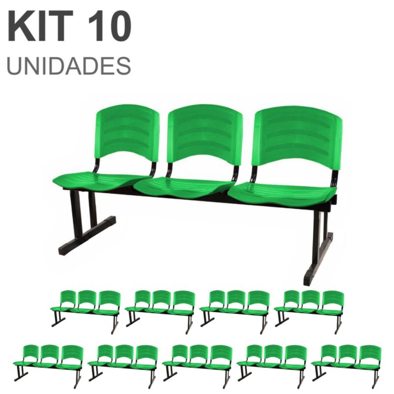 Kit 10 Cadeiras Longarinas PLÁSTICAS 03 Lugares – Cor Verde 33066 CADEIRAS RENOVA 2