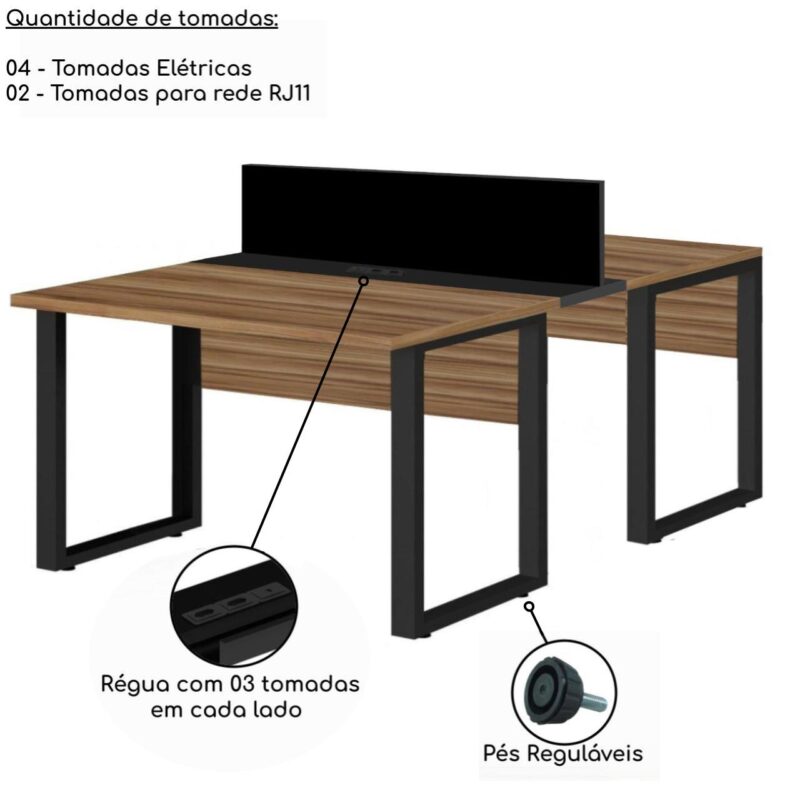 Estação de Trabalho Dupla 1,20×1,35m 02 Lugares s/ Gavetas c/ ponto de tomada PÉ QUADRO – Cor Nogal Sevilha – 63096 CADEIRAS RENOVA 4