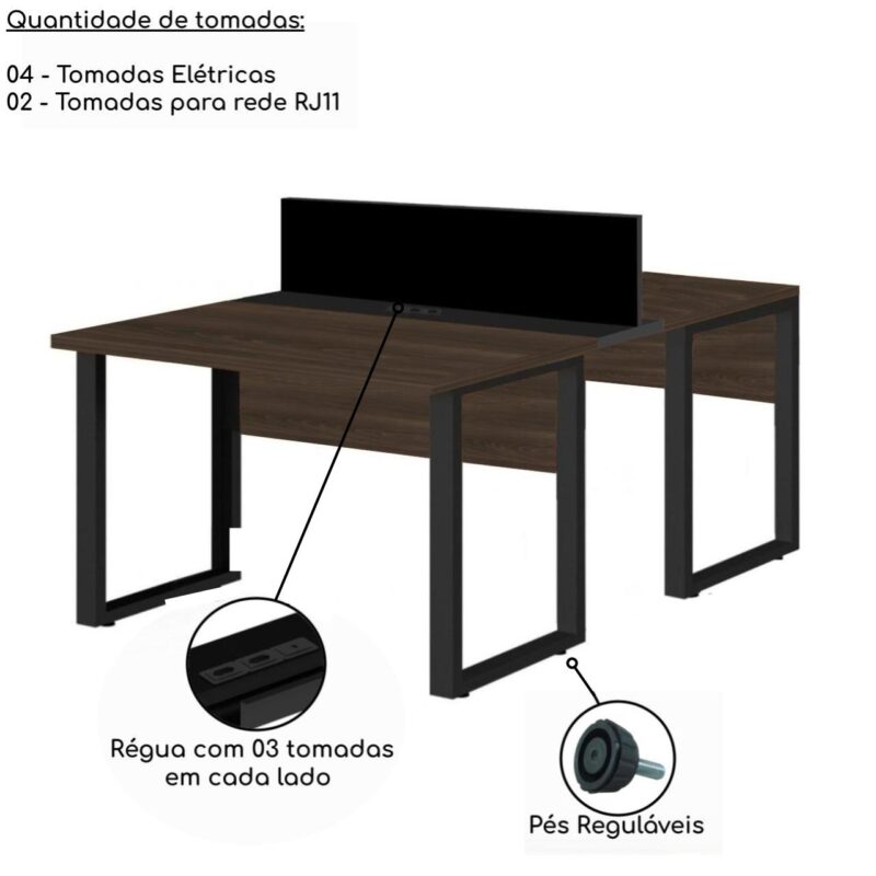 Estação de Trabalho Dupla 1,20×1,35m 02 Lugares S/ Gavetas c/ ponto de tomada PÉ QUADRO MARSALA/PRETO – 64000 CADEIRAS RENOVA 3