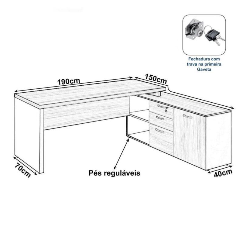 Mesa Diretorzinha c/ vidro c/ Aparador – Pé de MADEIRA – 1,90×1,50m – WORKSTART – MARSALA/PRETO – 23428 CADEIRAS RENOVA 3