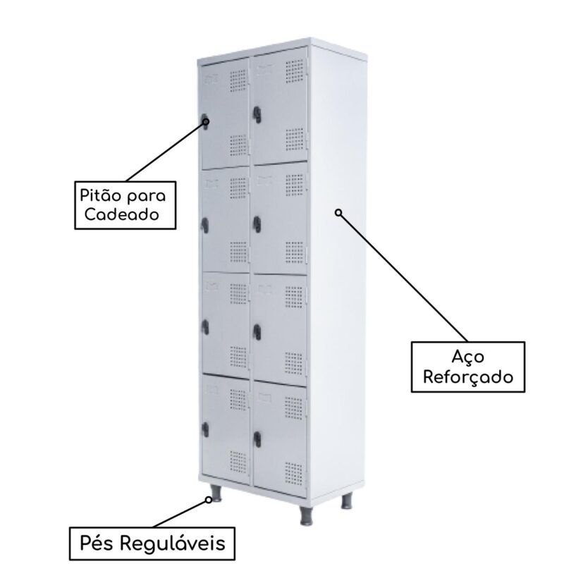 Armário Roupeiro de Aço c/ 08 Portas PEQUENAS 1,95×0,62×0,40m – SA – Cinza – 14002 CADEIRAS RENOVA 3