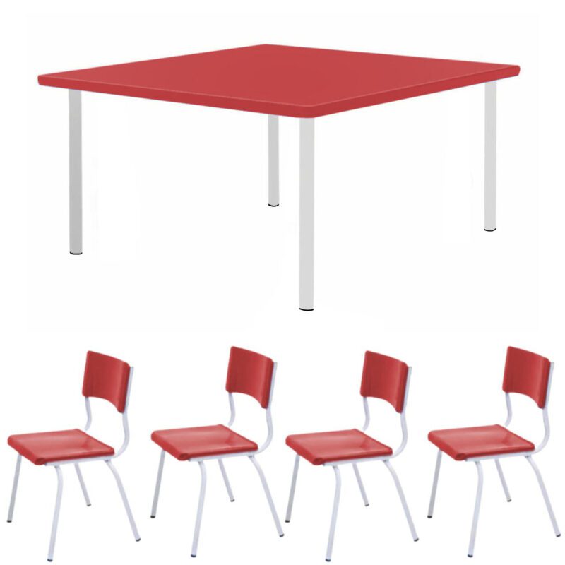 Conjunto Quadrado c/ 04 Cadeiras COR VERMELHO – TAMPO PLÁSTICO – 02 a 06 Anos – INFANTIL – 44001 CADEIRAS RENOVA 2