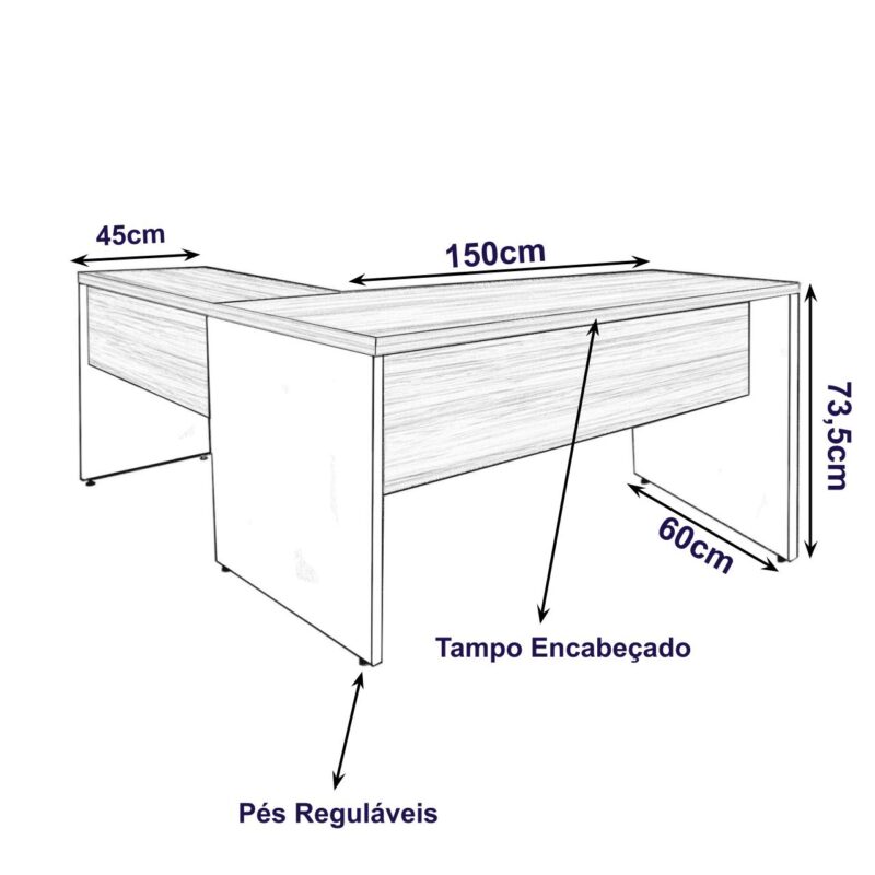 Mesa de Escritório em L (Mesa 1,50m + Mesa Auxiliar) – Sem Gavetas NOGAL SEVILHA/PRETO – 21476 CADEIRAS RENOVA 3