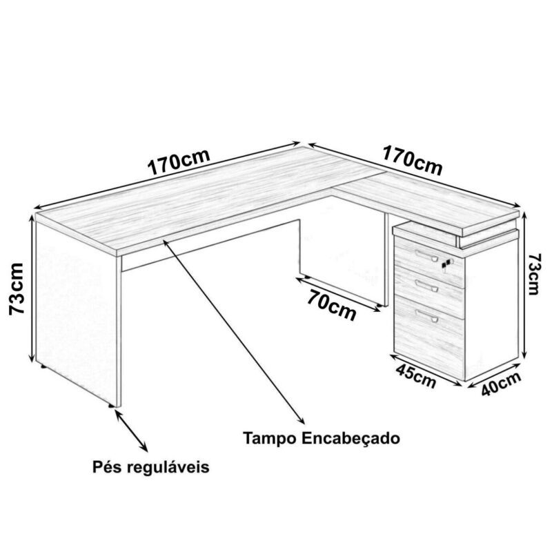 Mesa Escritório em “L” c/ Gaveteiro 1,70×1,60m Marsala/Preto – 23481 CADEIRAS RENOVA 3