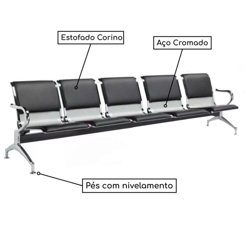 Longarina AEROPORTO ESTOFADA com 05 Lugares – Cor Cromada – 33114 CADEIRAS RENOVA 3