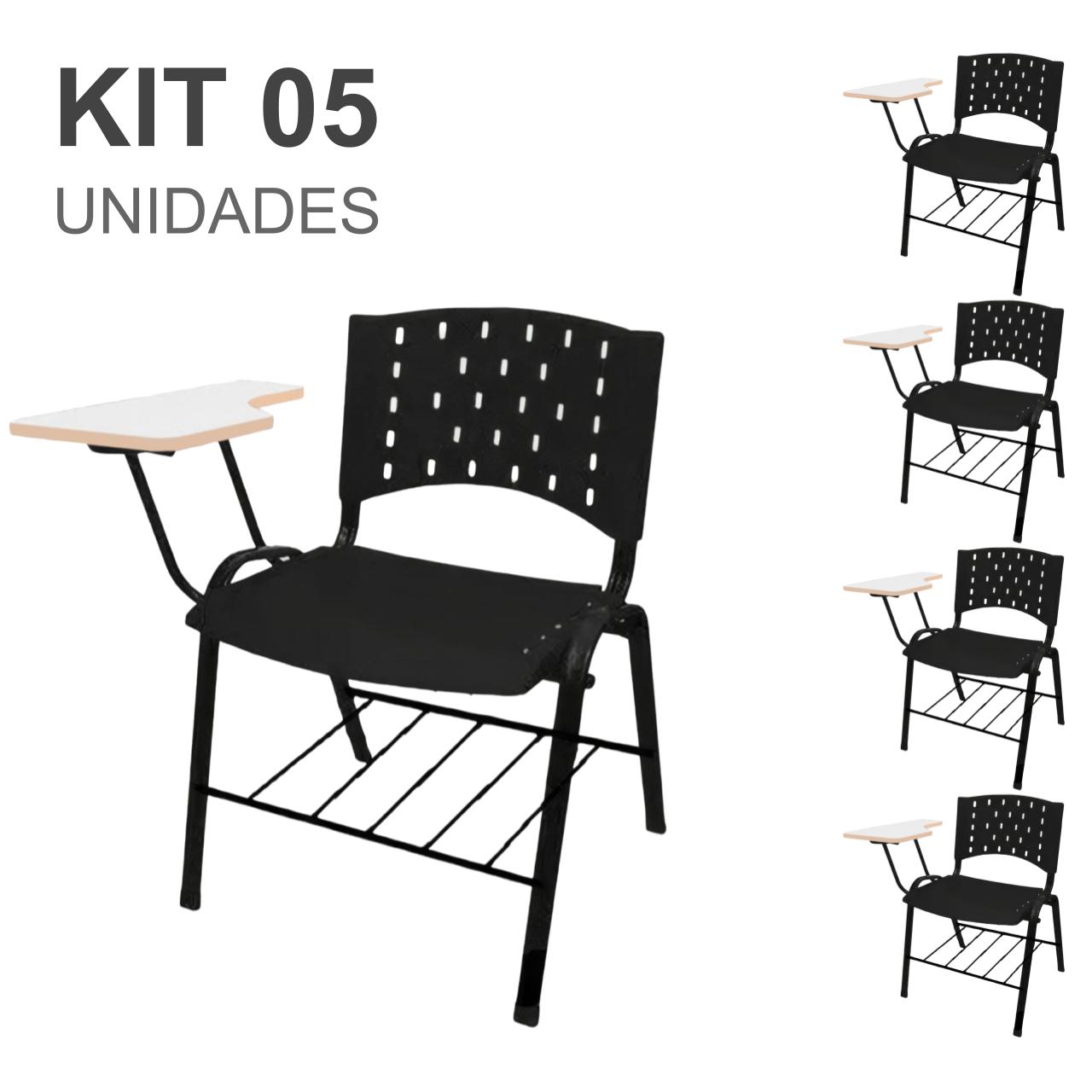 KIT 05 Cadeiras Universitárias com Prancheta MDF e Porta Livros – Cor Preto – REAPLAST – 33013 CADEIRAS RENOVA