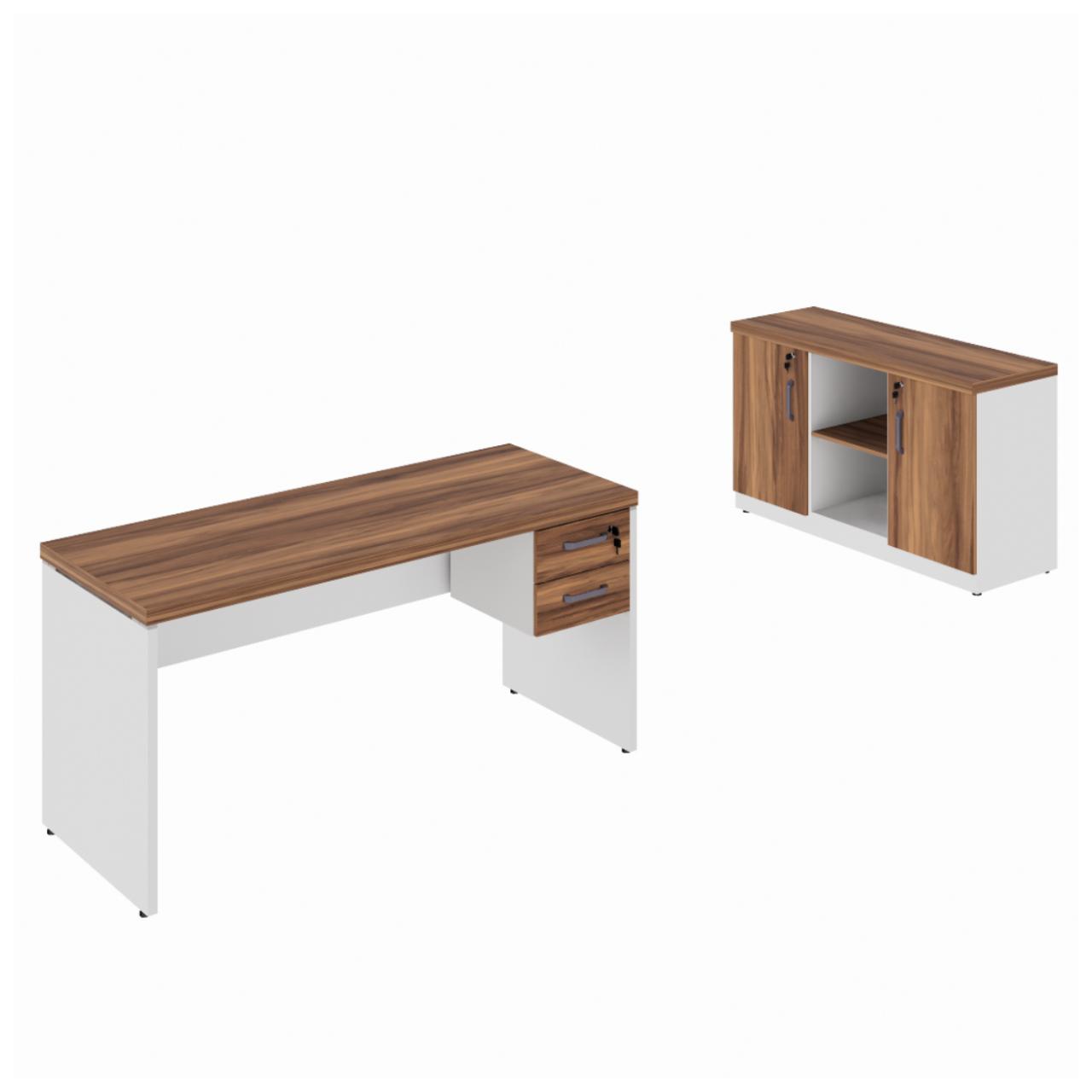 Kit Mesa Escritório 1,70×0,60m c/ Gavetas + Armário Baixo Credenza – WORKSTART – NOGAL SEVILHA/BRANCO – 34335 CADEIRAS RENOVA