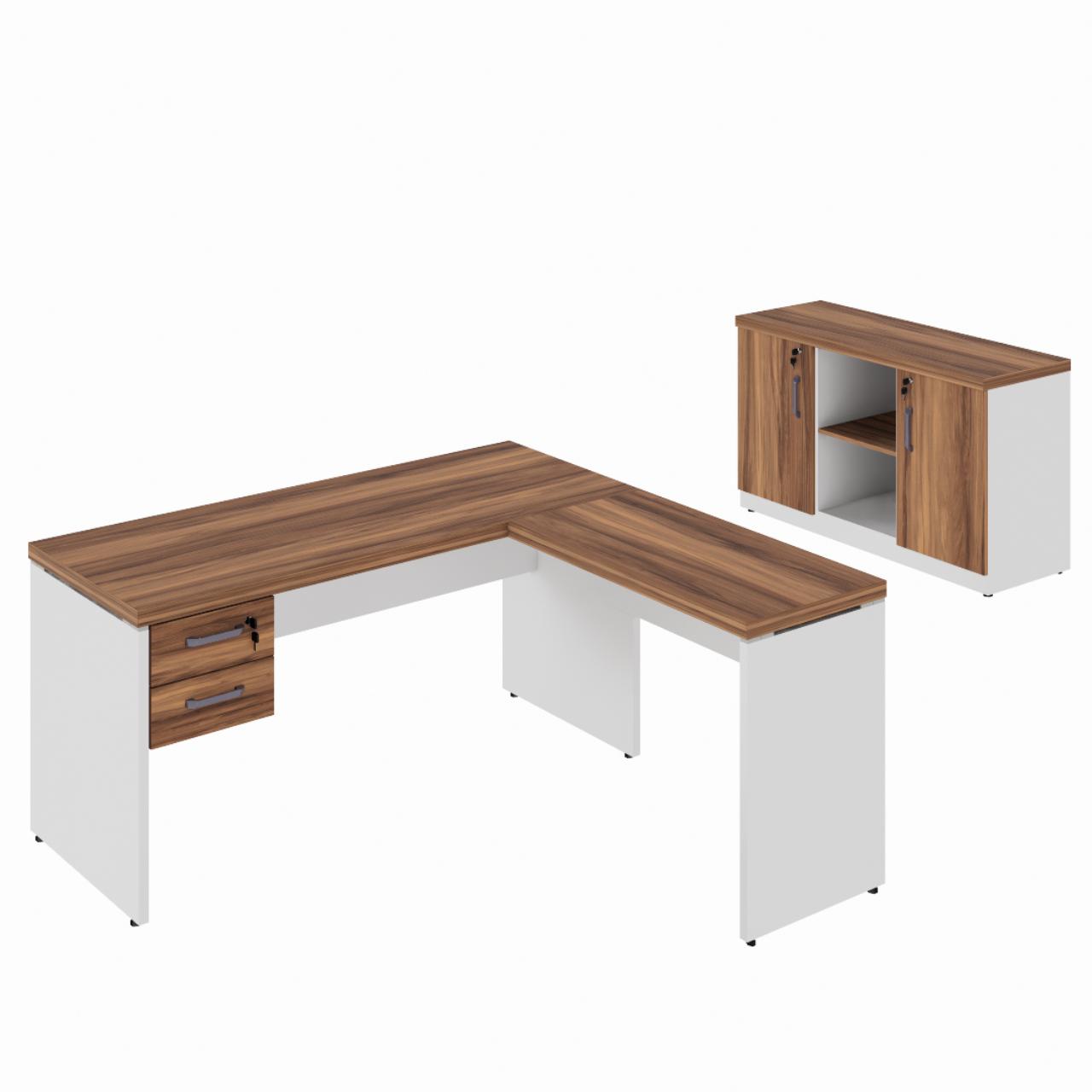 Kit Mesa Escritório em “L” 1,50×0,60m c/ Gavetas + Armário Baixo Credenza – WORKSTART – NOGAL SEVILHA/BRANCO – 34337 CADEIRAS RENOVA