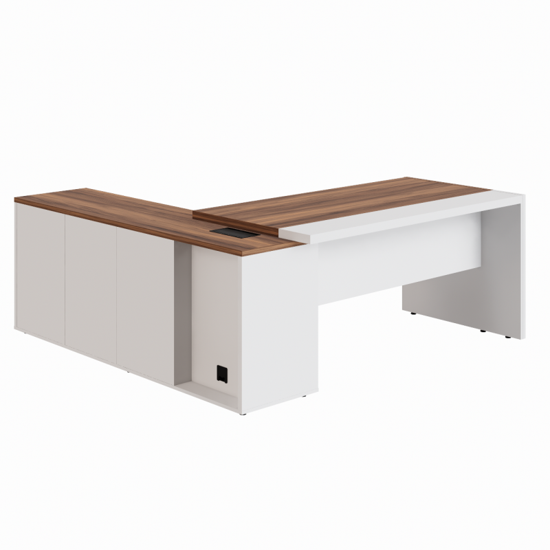 Mesa Escritório PRESIDENTE c/ Armário Pedestal – 1,82×1,80m – NOGAL SEVILHA/BRANCO – 34602 CADEIRAS RENOVA 2
