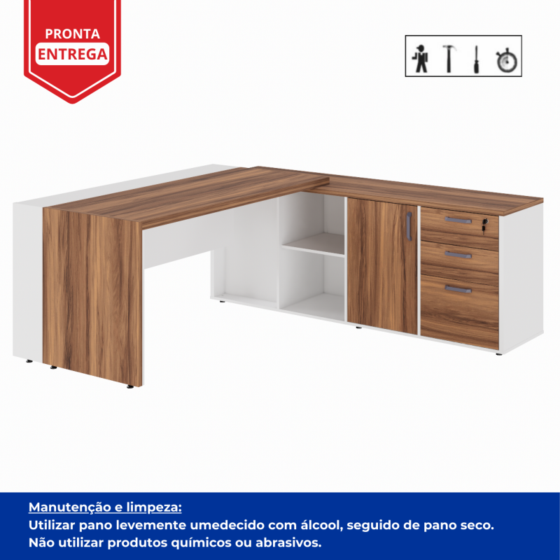 Mesa Escritório PRESIDENTE c/ Armário Pedestal – 1,82×1,80m – NOGAL SEVILHA/BRANCO – 34602 CADEIRAS RENOVA 4