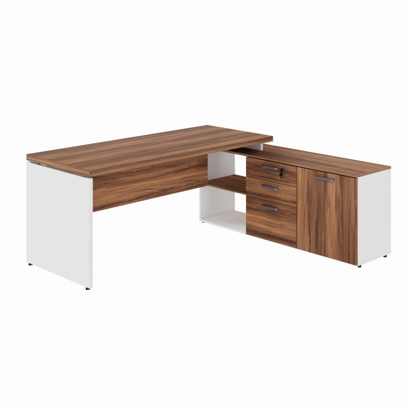 Mesa Diretorzinha c/ Aparador – Pé de MADEIRA – 1,90×1,50m – NOGAL SEVILHA / BRANCO – 34426 CADEIRAS RENOVA 3