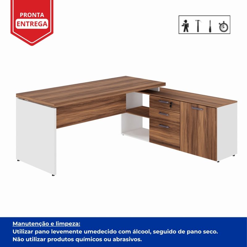 Mesa Diretorzinha c/ Aparador – Pé de MADEIRA – 1,90×1,50m – NOGAL SEVILHA / BRANCO – 34426 CADEIRAS RENOVA 9