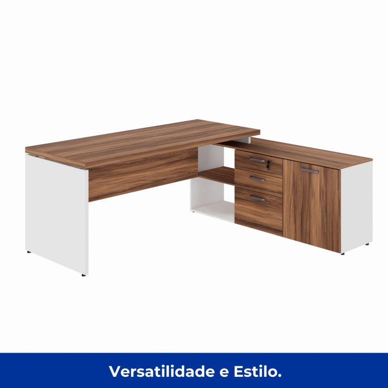 Mesa Diretorzinha c/ Aparador – Pé de MADEIRA – 1,90×1,50m – NOGAL SEVILHA / BRANCO – 34426 CADEIRAS RENOVA 4