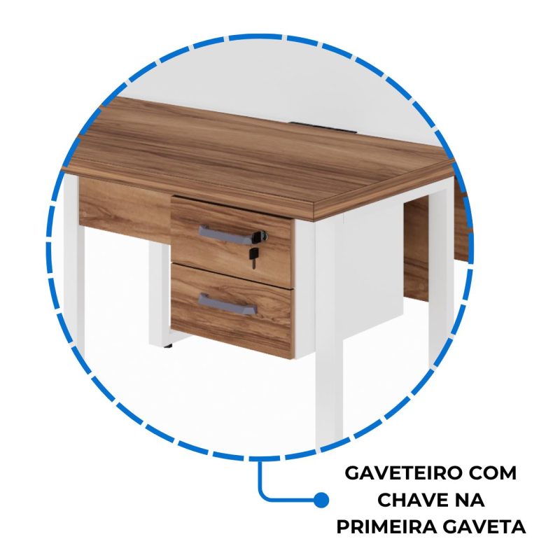 Estação de Trabalho Dupla 1,20×1,35m c/ 02 Gavetas c/ ponto de tomada PÉ QUADRO – Cor Nogal Sevilha/Branco – 34423 CADEIRAS RENOVA 9