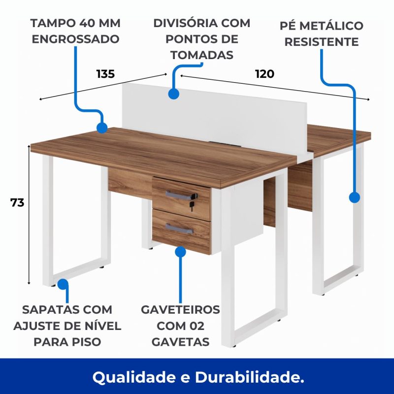 Estação de Trabalho Dupla 1,20×1,35m c/ 02 Gavetas c/ ponto de tomada PÉ QUADRO – Cor Nogal Sevilha/Branco – 34423 CADEIRAS RENOVA 7