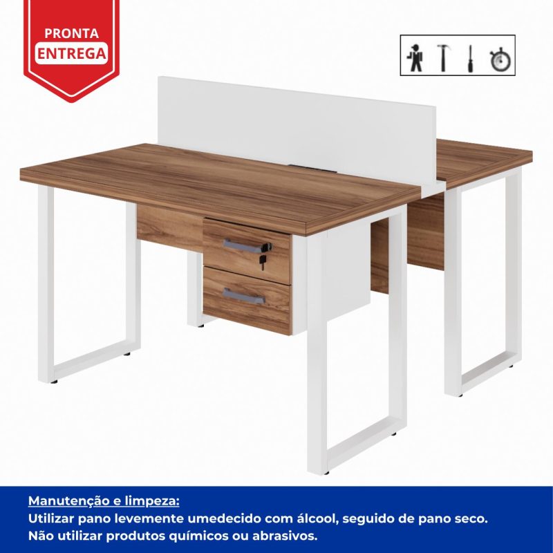 Estação de Trabalho Dupla 1,20×1,35m c/ 02 Gavetas c/ ponto de tomada PÉ QUADRO – Cor Nogal Sevilha/Branco – 34423 CADEIRAS RENOVA 4
