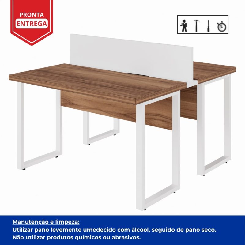 Estação de Trabalho Dupla 1,20×1,35m sem Gavetas c/ ponto de tomada PÉ QUADRO – Cor Nogal Sevilha/Branco – 34424 CADEIRAS RENOVA 6