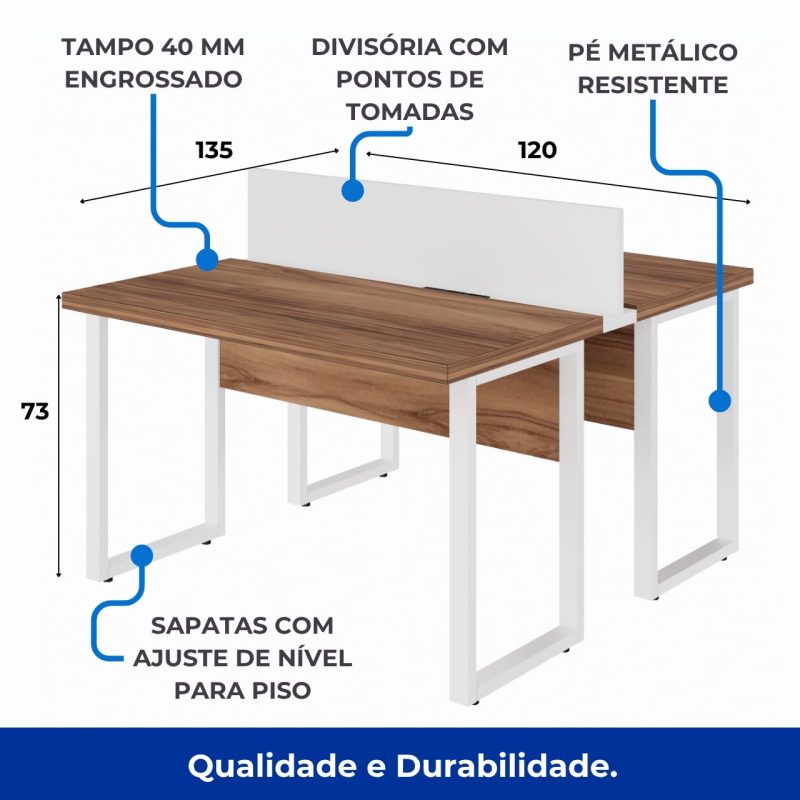 Estação de Trabalho Dupla 1,20×1,35m sem Gavetas c/ ponto de tomada PÉ QUADRO – Cor Nogal Sevilha/Branco – 34424 CADEIRAS RENOVA 4