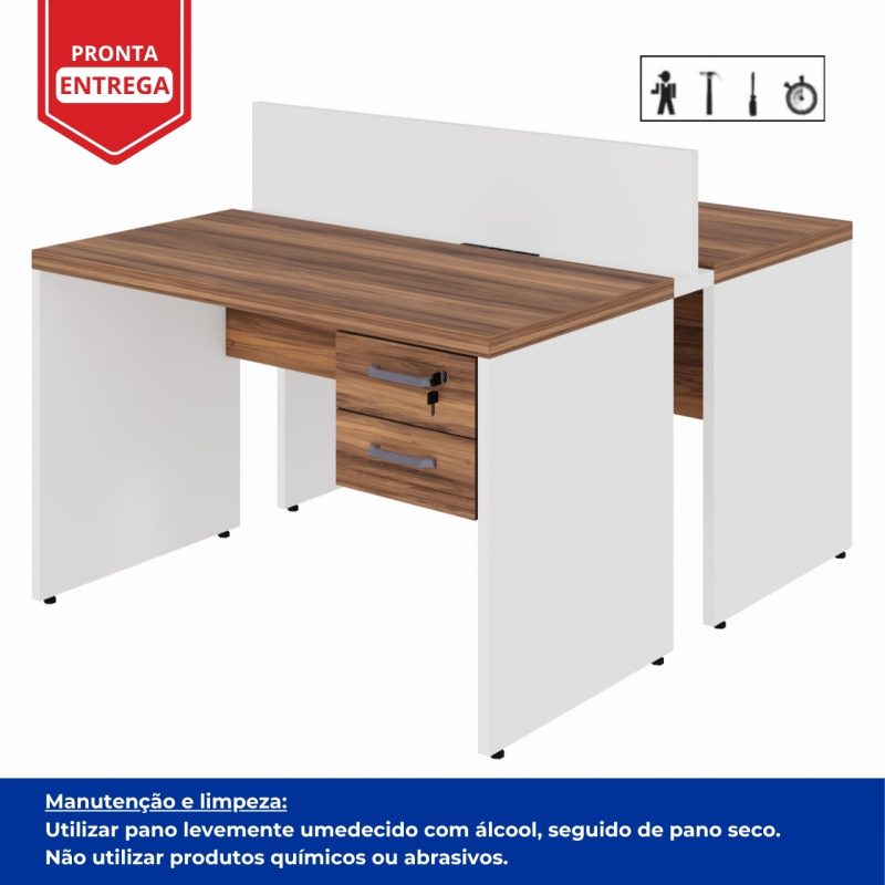 Estação de Trabalho Dupla 1,20×1,35m 02 Lugares c/ Gavetas c/ ponto de tomada PÉ PAINEL – Nogal Sevilha/Branco – 34427 CADEIRAS RENOVA 4