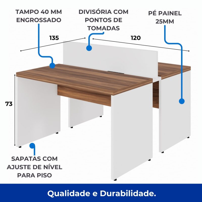 Estação de Trabalho Dupla 1,20×1,35m 02 Lugares sem Gavetas c/ ponto de tomada PÉ PAINEL – Nogal Sevilha/Branco – 34428 CADEIRAS RENOVA 9