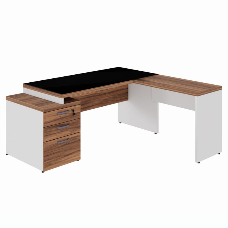Mesa para Escritório em “L” com VIDRO FUMÊ – 1,92X1,60M NOGAL SEVILHA/BRANCO – 34432 CADEIRAS RENOVA 2