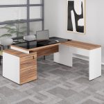 Mesa para Escritório em “L” com VIDRO FUMÊ – 1,92X1,60M NOGAL SEVILHA/BRANCO – 34432 CADEIRAS RENOVA 20