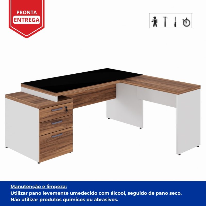 Mesa para Escritório em “L” com VIDRO FUMÊ – 1,92X1,60M NOGAL SEVILHA/BRANCO – 34432 CADEIRAS RENOVA 4
