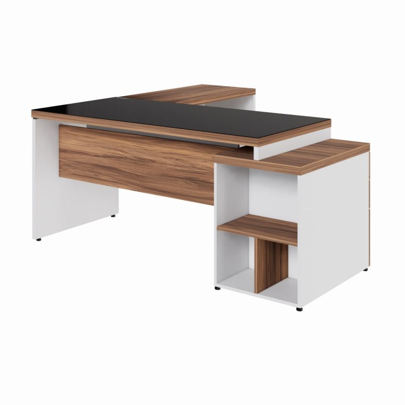Mesa para Escritório em “L” com VIDRO FUMÊ – 1,92X1,60M NOGAL SEVILHA/BRANCO – 34432 CADEIRAS RENOVA 5