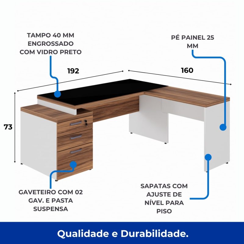 Mesa para Escritório em “L” com VIDRO FUMÊ – 1,92X1,60M NOGAL SEVILHA/BRANCO – 34432 CADEIRAS RENOVA 3