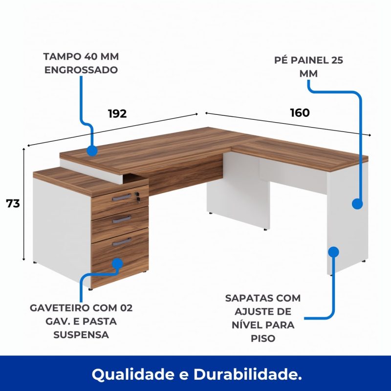 Mesa para Escritório em “L” com Gavetão – 1,92X1,60m -NOGAL SEVILHA/BRANCO – 34431 CADEIRAS RENOVA 3